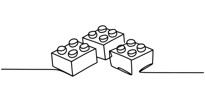 Continuous single line drawing of three plastic building blocks toy pieces for creative learning and childhood play Vector, illustration