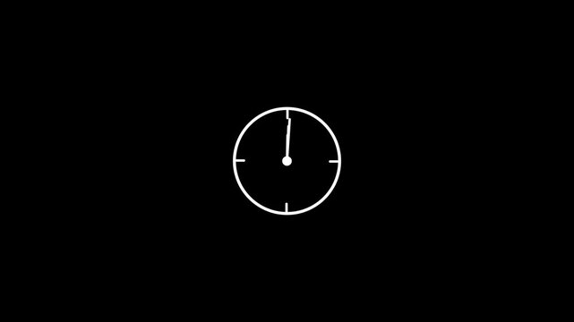 Minimalist white analog clock icon spinning fast on black background, time passing concept .