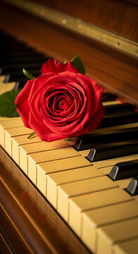 Red rose on black piano keys close-up