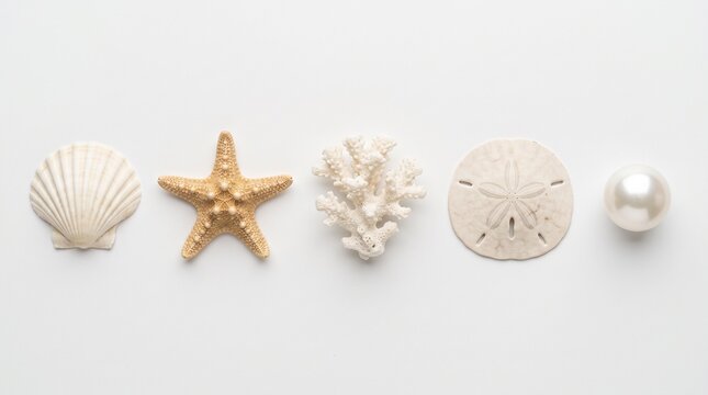 Beautiful arrangement of various white seashells and a starfish laid flat on a clean surface