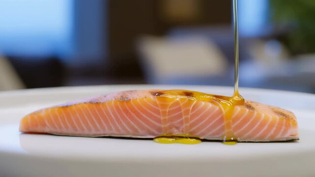 salmon fillet being drizzled with honey on kitchen countertop top-down perspective colorful preparation process delicious food preparation tutorial cooking tutorial.