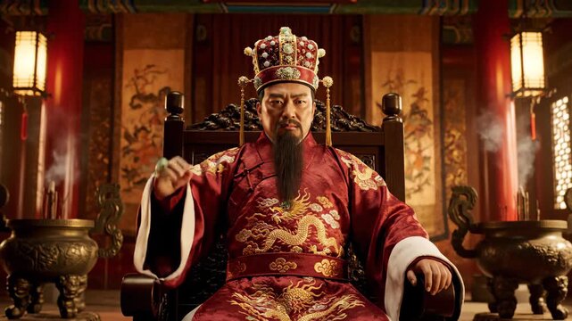 The ancient emperor sits upright in the palace, and the majestic emperor sits upright in the dragon chair