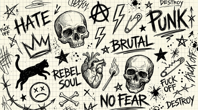 Hand Drawn Grunge Punk Sketches with Skulls and Rebel Symbols