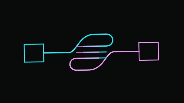 Abstract Neon Lines Connecting Two Squares on a Dark Background, Representing Data Flow and Network Connections.