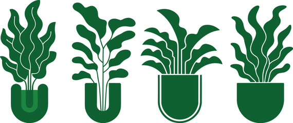 Elegant potted fern silhouettes showing detailed fronds and wild green leaves for commercial branding corporate graphic design assets and natural home decoration print templates © Mst
