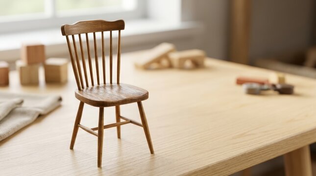 Miniature wooden chair on a light wood table. Small scale furniture model with blurred building blocks in background