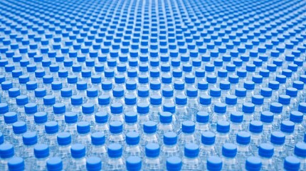 Obraz premium Rows of clear plastic water bottles with blue caps arranged in a repeating grid pattern