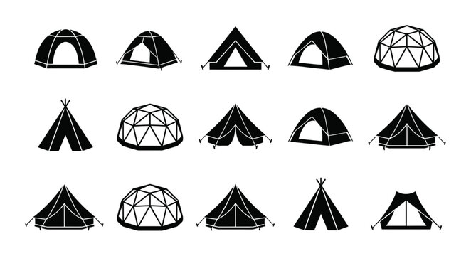 Camping Tent Vector Icon Set Featuring Various Outdoor Shelter Designs Including Dome Teepee And Cabin Styles For Adventure And Wilderness Travel Projects