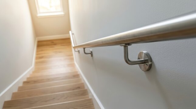 Modern stainless steel handrail mounted on a wall next to wooden stairs. Contemporary home interior design and safety accessibility