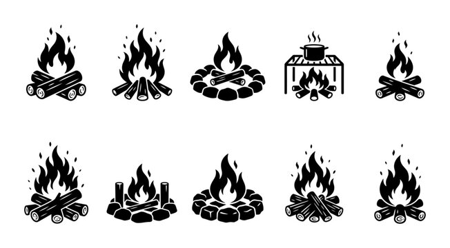 Campfire Silhouette Icon Set Featuring Ten Different Burning Wood Fireplace Designs For Outdoor Camping Hiking Survival And Adventure Vector Graphics