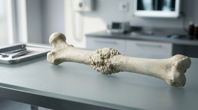 Dry bone specimen with a large abnormal growth or tumor on a glass table. Medical pathology and bone disease research concept