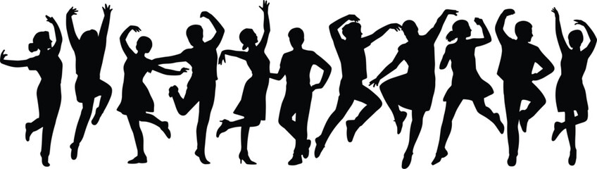 Fototapeta premium Black silhouette of diverse people in various poses people silhouettes diverse figures standing pose