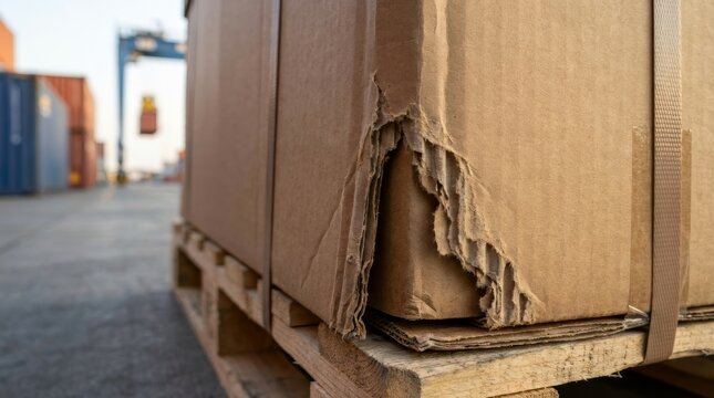 Damaged cardboard box on a wooden pallet at a shipping port. Torn and crushed package corner in an industrial cargo yard. Logistics and delivery issue concept
