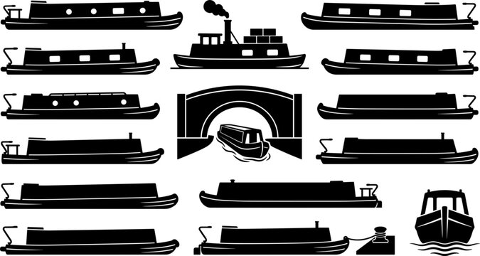 Canal Narrowboat and Longboat Silhouette Set with Stone Arch Bridge, Cargo Steamship, and River Cruises for Waterway Travel and Nautical History Vector Designs