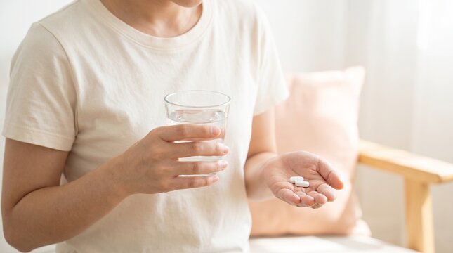 Person holding a clear glass of water and two white pills in their cupped hand