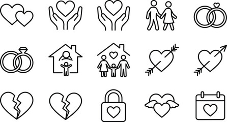 Fototapeta premium Black line icons of love and relationships