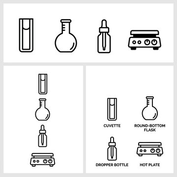 Set of laboratory equipment icons including cuvette flask dropper bottle and hot plate.