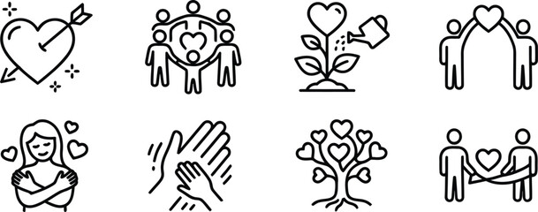 Obraz premium Black line icons of people and hearts
