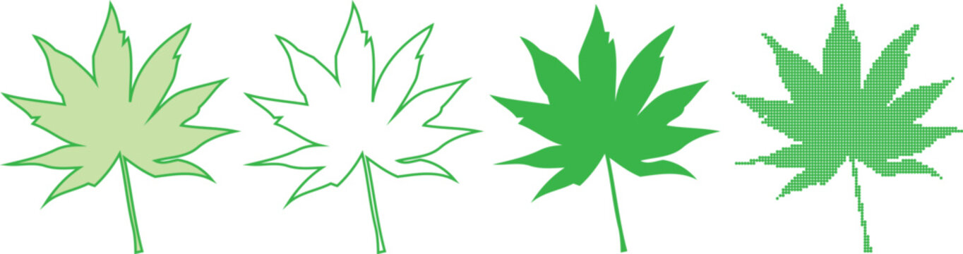 Dotted vector set of cannabis leaves in various styles and colors
