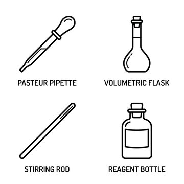 A collection of four essential laboratory glassware items illustrated in a clean line art style.