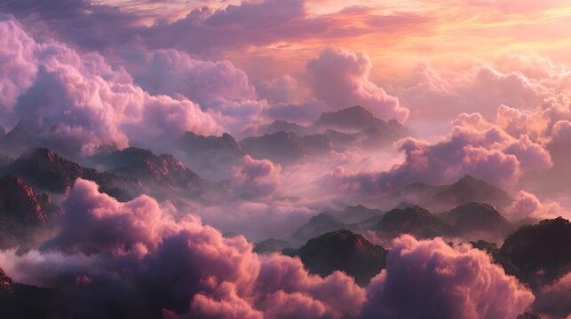 Dramatic sky with dark clouds and warm orange and pink sunset colors over mountains