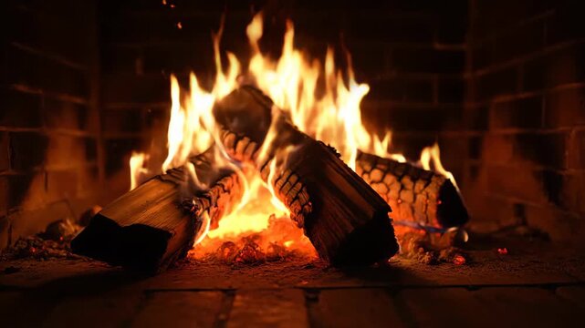 Firewood flame burning in indoor fireplace, close-up of fireplace flame burning
