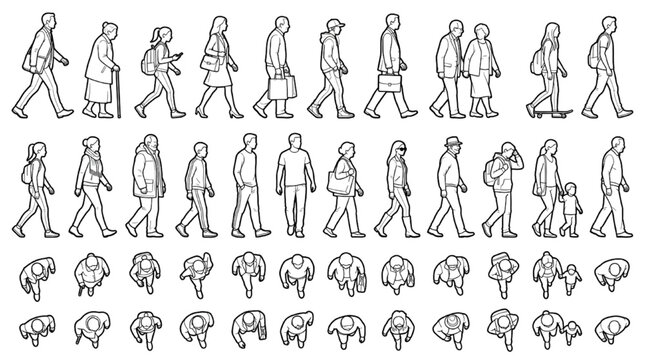 Pedestrian Walking Line Drawing Elevation and Top View CAD Blocks
