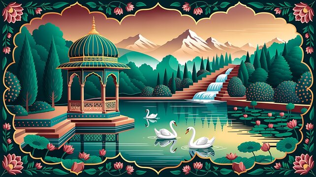 Ornate mughal inspired garden with palace and wildlife in serene setting