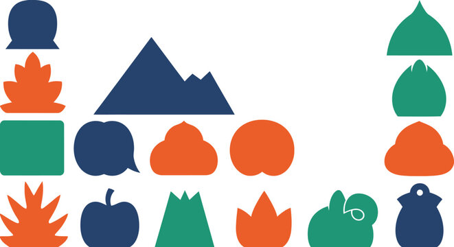 Colorful Geometric Shapes and Icons Arranged Randomly on White Background