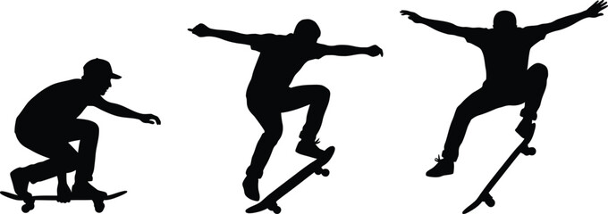 Black silhouettes of skateboarders performing tricks © MdAshfakurRahman