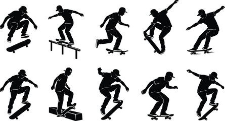 Black silhouette skateboarder performing tricks © MdAshfakurRahman