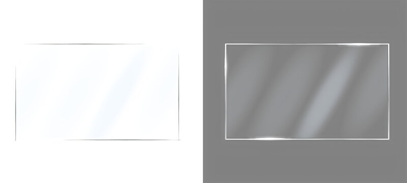 Transparent glass plate mockups with realistic reflection effects on isolated white and grey backgrounds