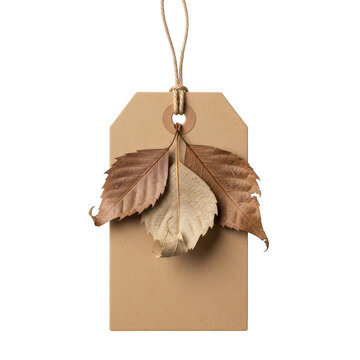 Brown kraft paper gift tag with dried leaves decoration