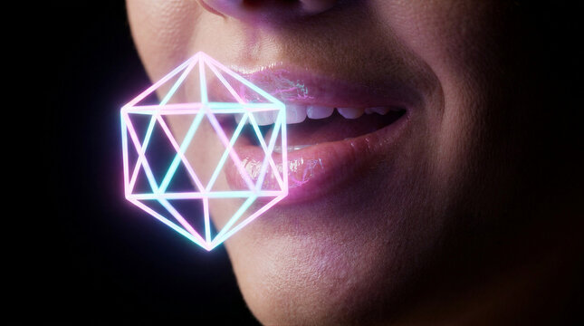 Woman mouth with glowing icosahedron hologram. Geometric wireframe shape floating near face. Modern haptic communication and futuristic artificial intelligence interface technology concept
