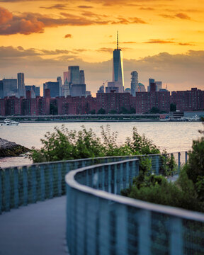 One World Trade Center and Lower Manhattan Skyline at Golden Sunset