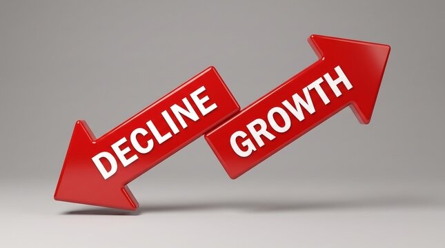Red 3D arrows showing growth and decline, business financial performance concept, glossy plastic directional signs for economic success and failure
