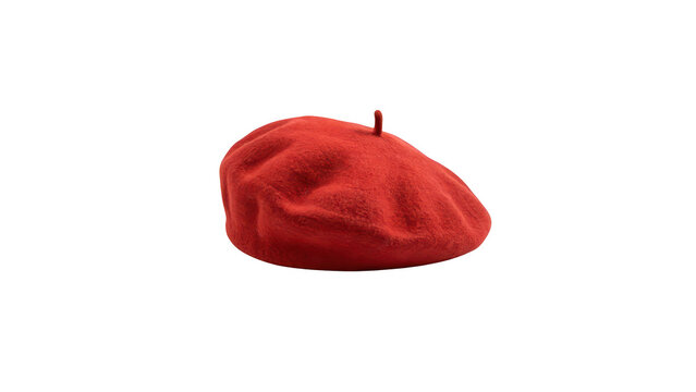 A single red wool beret cap shown from a side angle, isolated on a white background, displaying a soft felt texture and a classic round