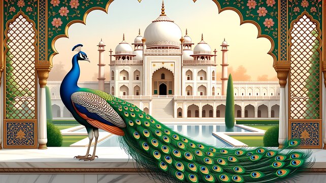 Ornate mughal inspired garden with palace and wildlife in serene setting