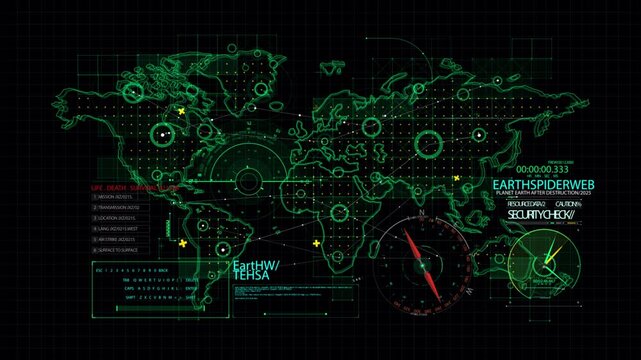 Futuristic digital world map interface with scanning technology and data overlays.