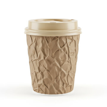 Brown paper coffee cup with lid on white surface