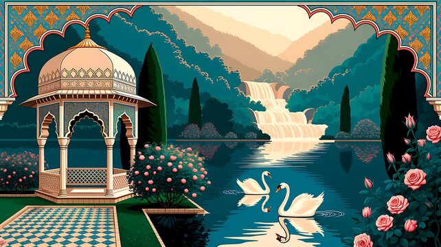 Ornate mughal inspired garden with palace and wildlife in serene setting