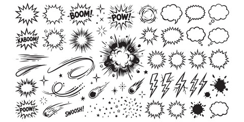 Set of black and white comic book style speech bubbles and explosive sound effect elements © md