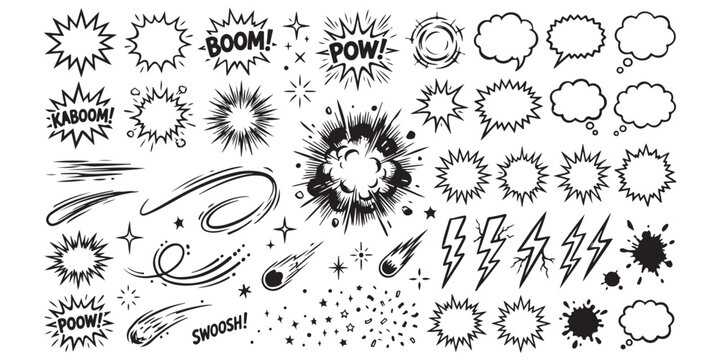 Set of black and white comic book style speech bubbles and explosive sound effect elements