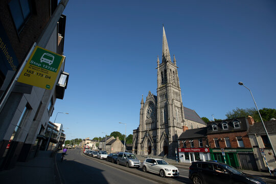 Drogheda, County Louth, Ireland - May 25, 2026: Historic St. Mary's Church Fench Gothic architecture rises above the city.
