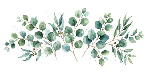 Watercolor eucalyptus leaves branch arrangement with green and grey paint strokes © md