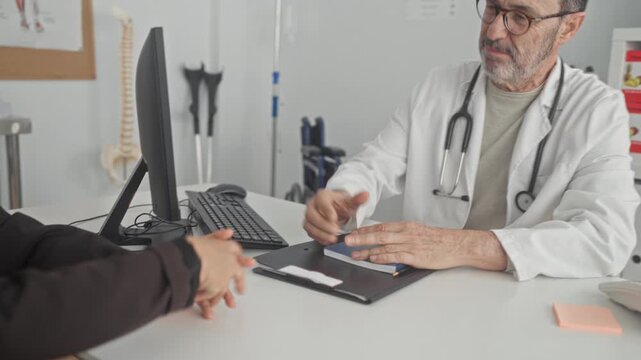 Man doctor smiling shakes hands with woman patient across desk in clinic next to computer and stethoscope; trust reassurance.