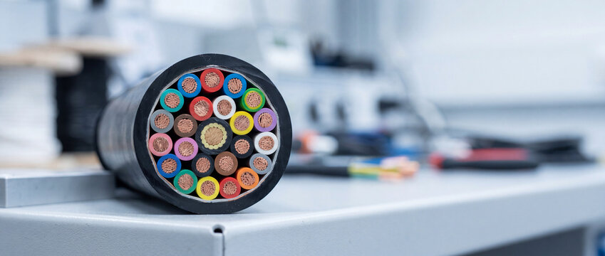 Colorful multi‑conductor electrical cable cross section on workbench in industrial setting