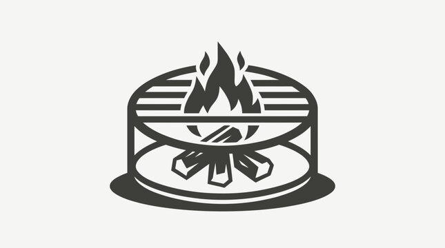 Black fire pit icon with logs and grill.