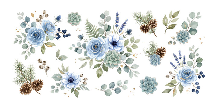 Set of blue and grey winter floral bouquets with pine cones and evergreen branches
