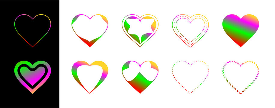 Colorful Gradient Heart Icon Collection with Holographic Outline Styles isolated PNG transperant 